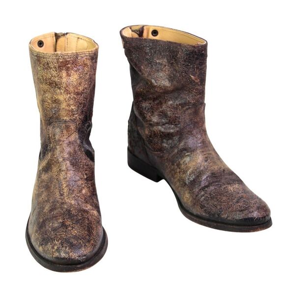 Frye BRONZE BROWN GENUINE LEATHER LOW HEEL ROUND TOE ZIP BACKSIDE BOOTS Sz 9B - Picture 1 of 13